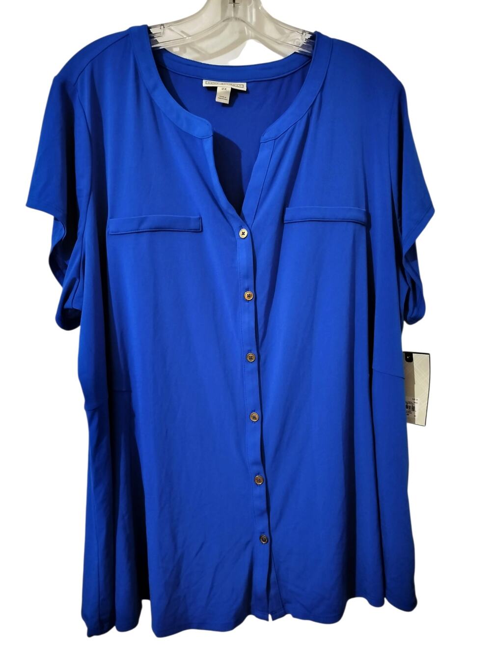 5967(Dana Buchman Women Plus 2X Cobalt Blue Short Sleeve Button Front Blouse